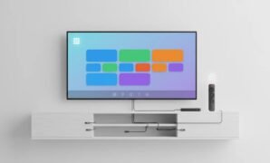 2026-streaming-setup-firestick-home-screen-illustration Clean, modern illustration of a streaming device setup with an organized home screen layout and connected TV experience, no text or logos.