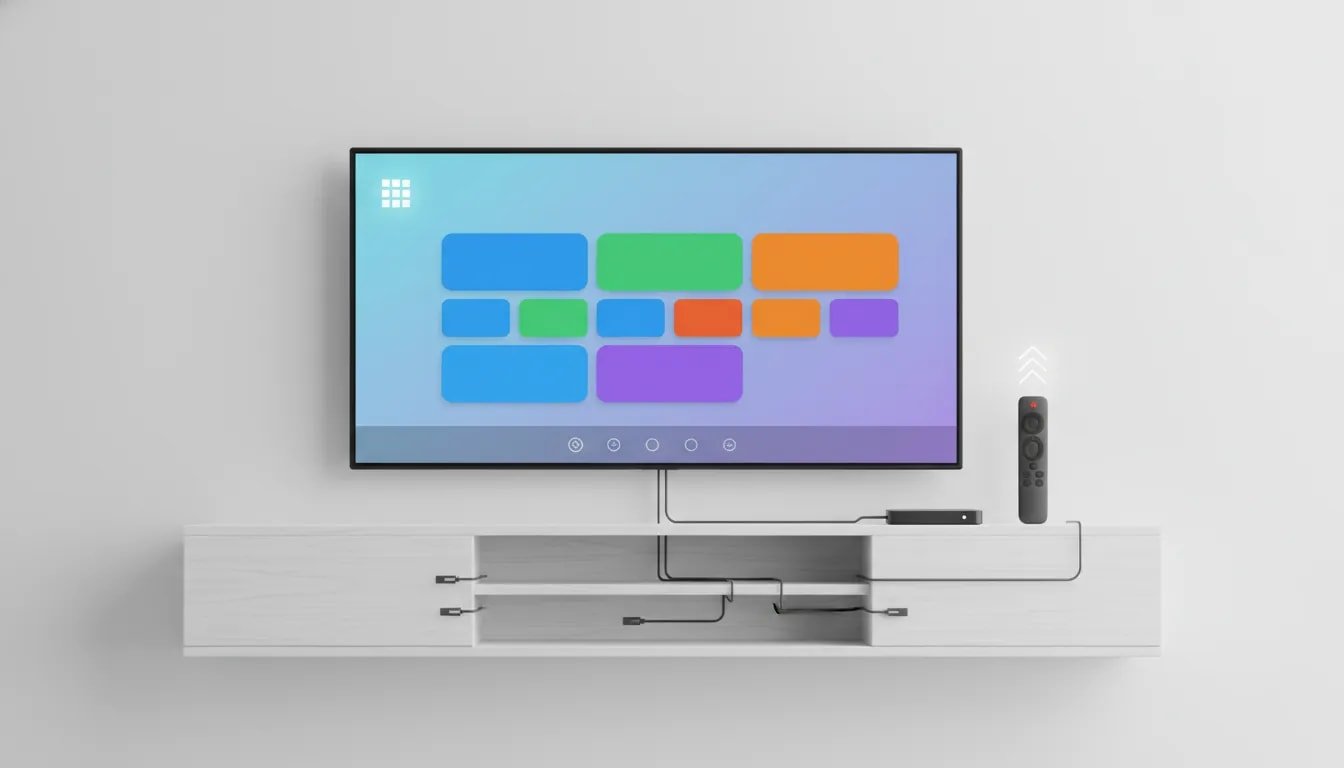 Clean, modern illustration of a streaming device setup with an organized home screen layout and connected TV experience, no text or logos.
