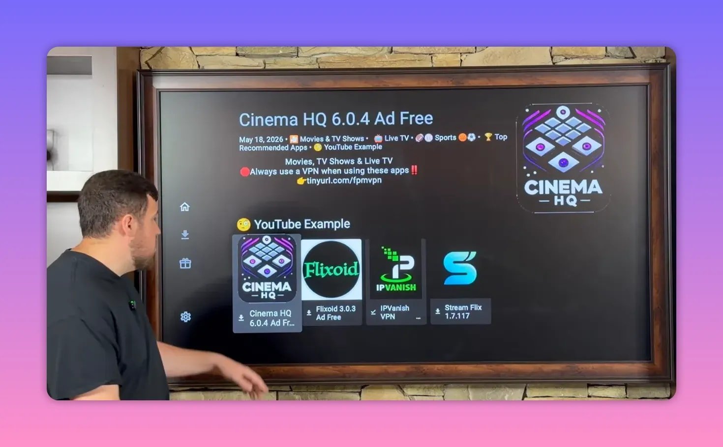 Cinema HQ 6.0.4 Ad Free app listed on FireStick with movie and TV categories