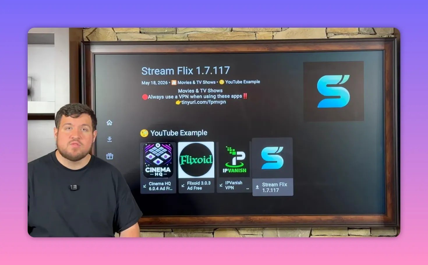 Clear FireStick view of Stream Flick, Cinema HQ, Flixoid, and IPVanish VPN app tiles