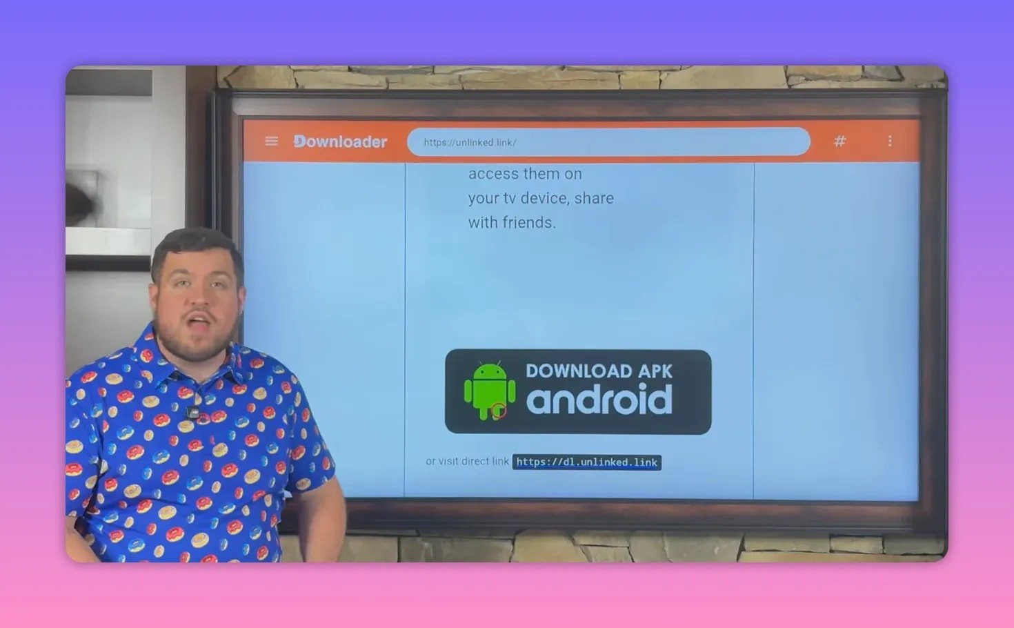 Downloader open on Fire TV showing Unlinked Android APK download button
