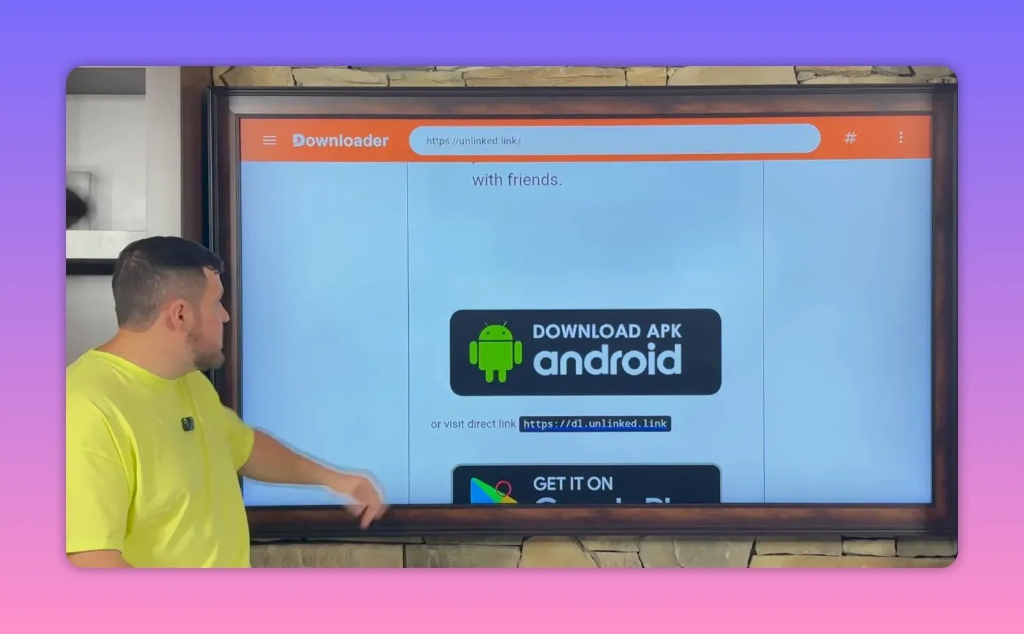 Downloader screen with the Unlinked APK download button for Android