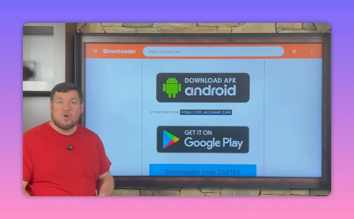 Downloader screen showing Unlinked “Download APK android” page for APK installation