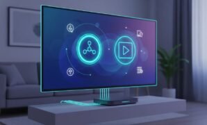 fire-stick-onn-streaming-app-setup-illustration Abstract illustration of a smart TV streaming setup with two central streaming app icons and small helper utility icons, with no text