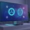 Abstract illustration of a smart TV streaming setup with two central streaming app icons and small helper utility icons, with no text