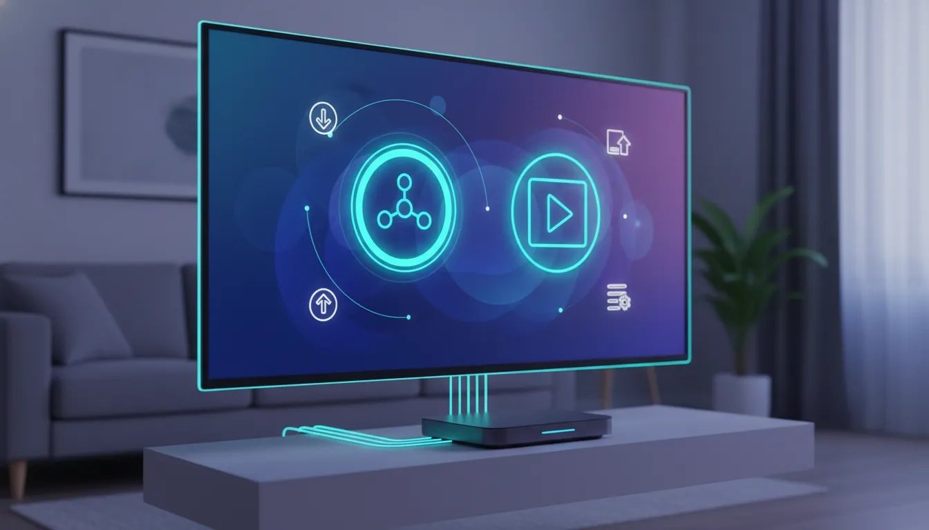 Abstract illustration of a smart TV streaming setup with two central streaming app icons and small helper utility icons, with no text
