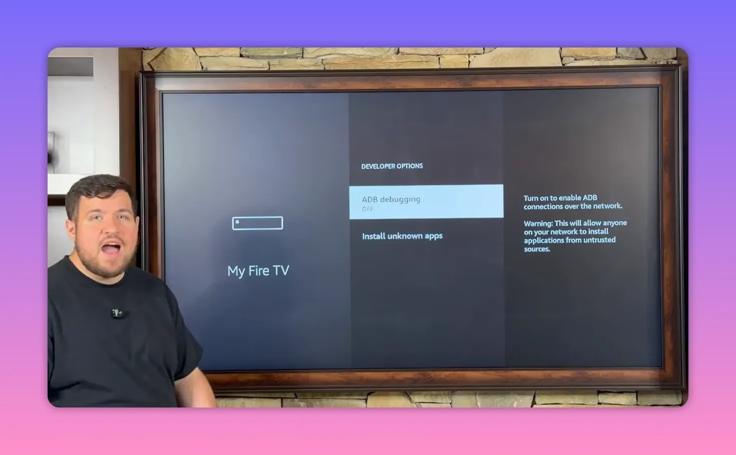 Fire TV Developer Options screen showing ADB debugging and Install unknown apps