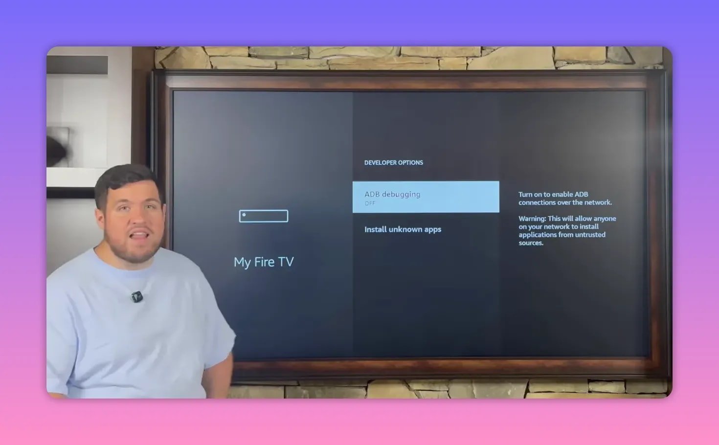 Fire TV Developer options with ADB debugging and Install unknown apps shown