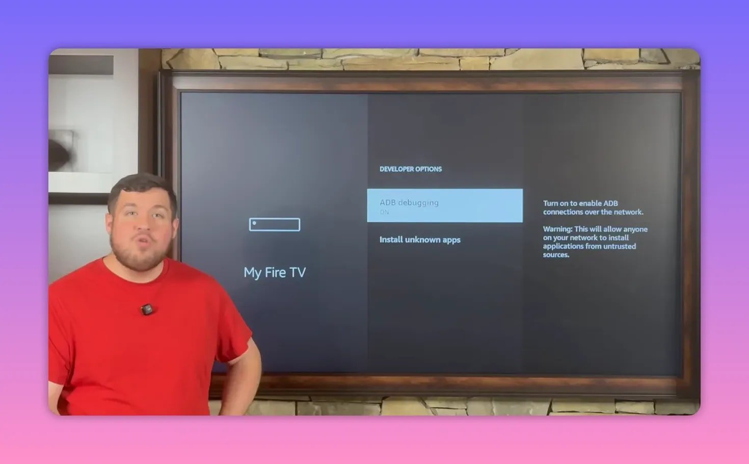 Fire TV Developer Options screen with ADB debugging turned on and Install Unknown Apps section