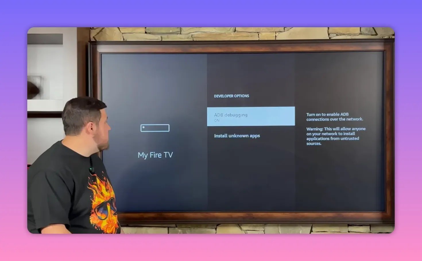 Fire TV Developer Options with ADB debugging toggled on and install unknown apps section