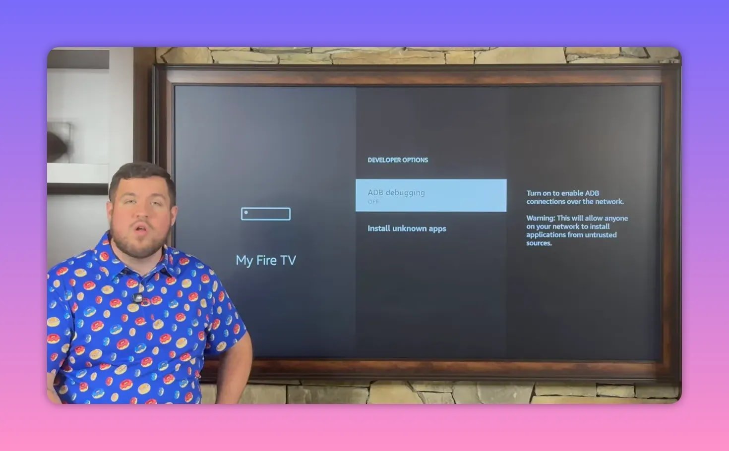 Fire TV Developer options screen with ADB debugging toggle and install unknown apps option