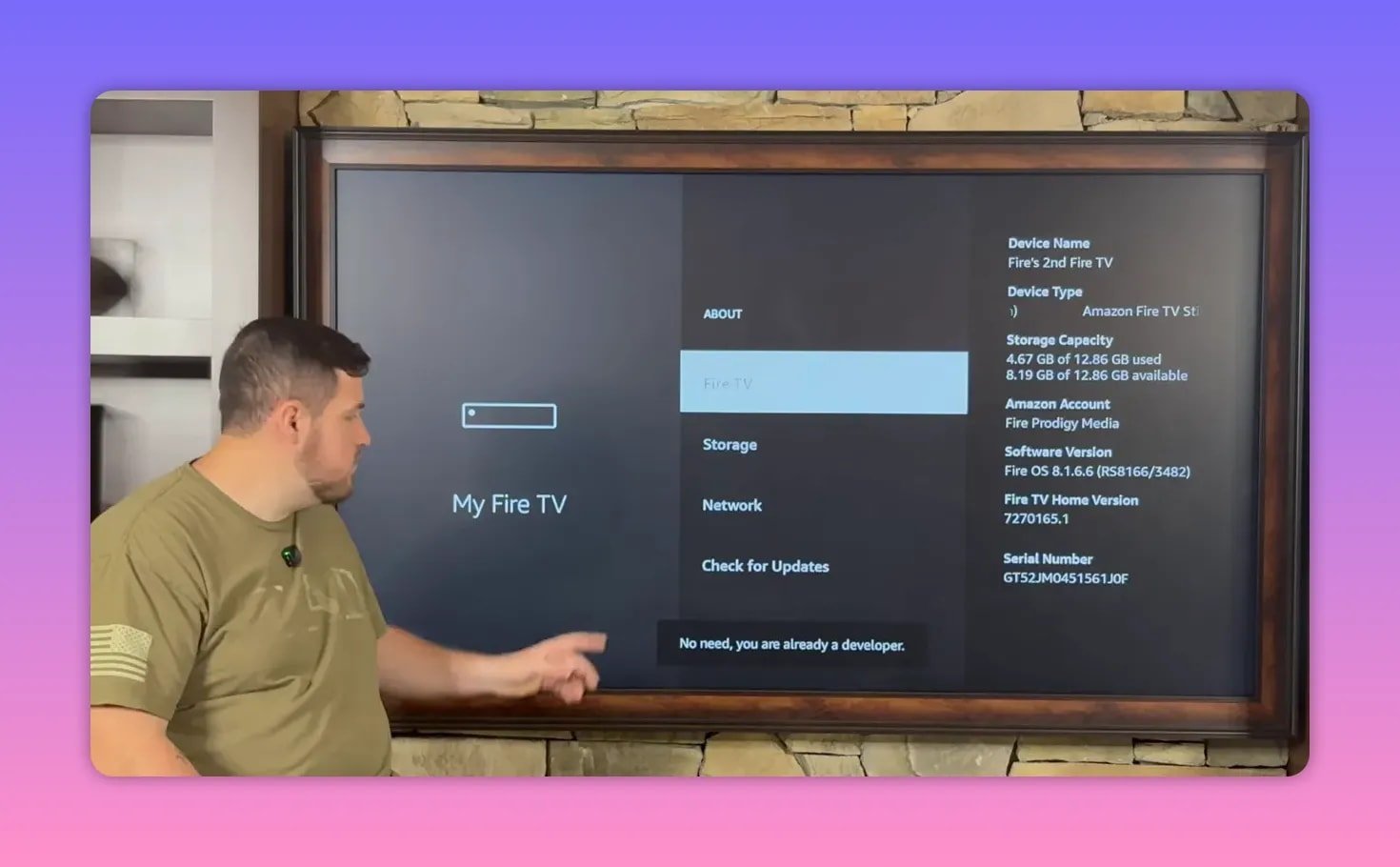 Fire TV About screen showing developer mode confirmation message