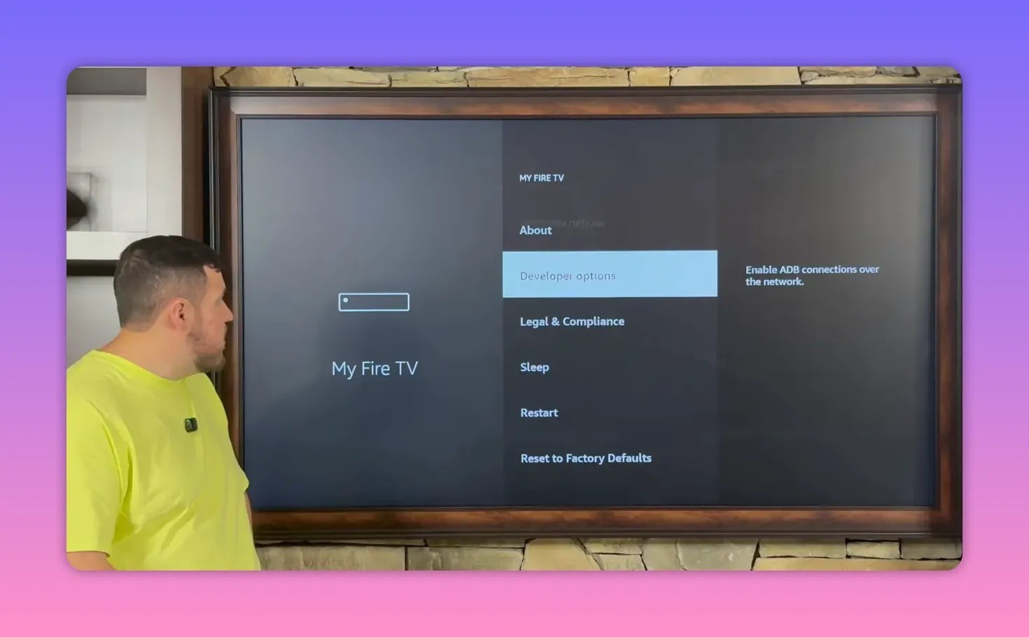 Fire TV My Fire TV Developer Options menu with ADB debugging and install unknown apps section