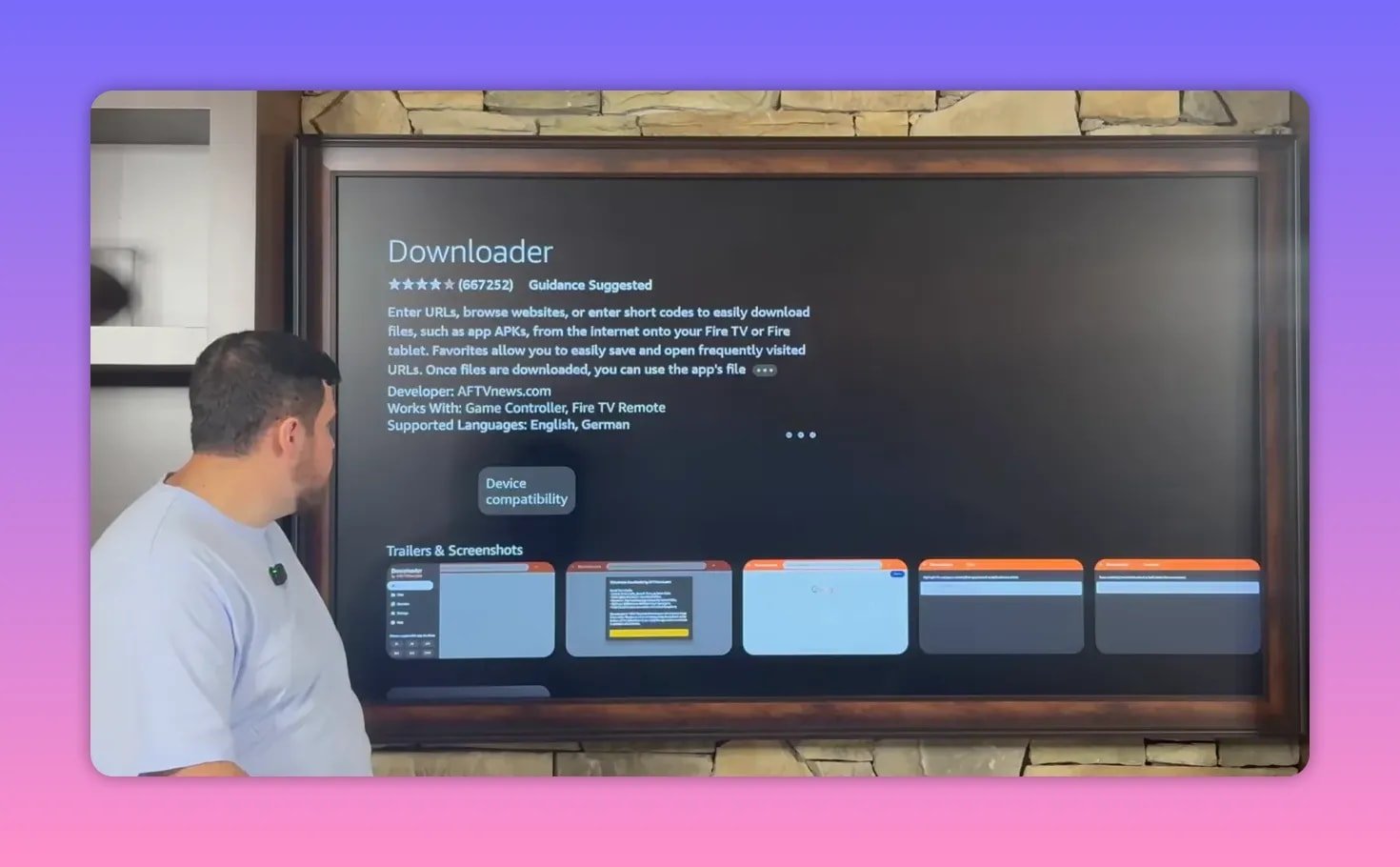 Downloader app information screen on Fire TV with app description