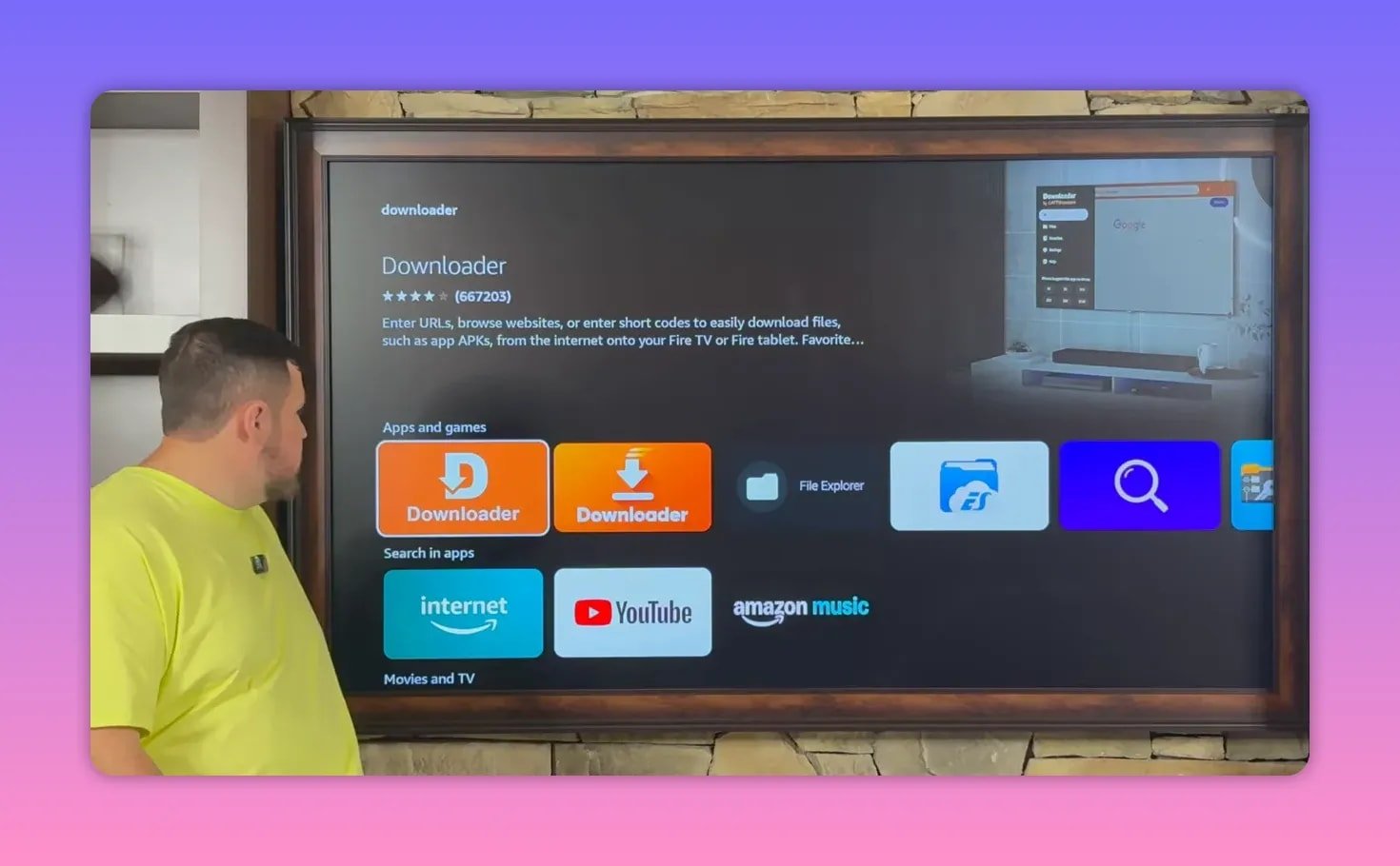 Downloader app page on Fire TV showing the Downloader app listing