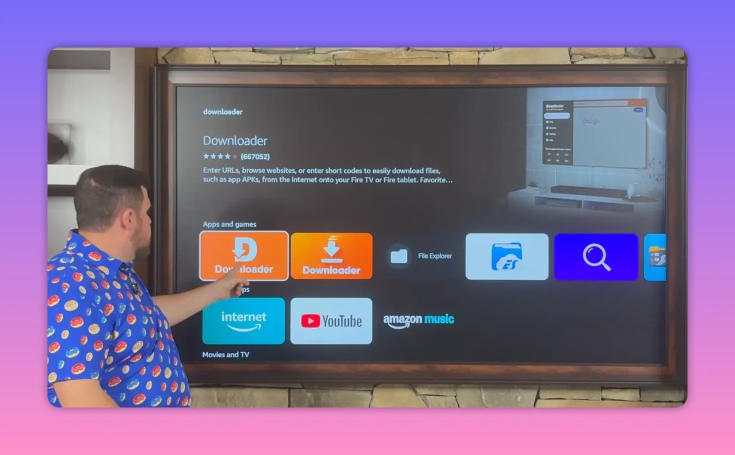 Fire TV shows the Downloader app search results and app icons