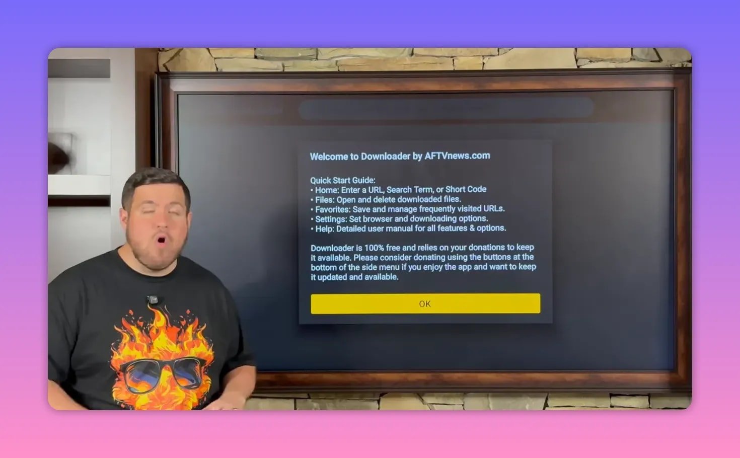 Downloader welcome message screen prompting to press OK on Fire TV