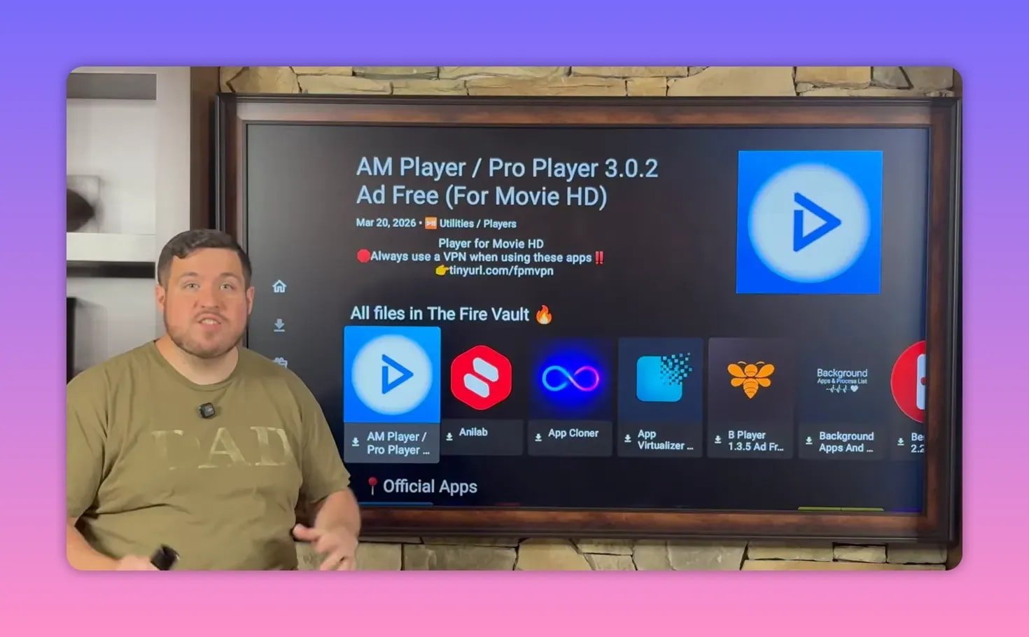 Fire TV Fire Vault app library showing AM Player / Pro Player tile and VPN reminder