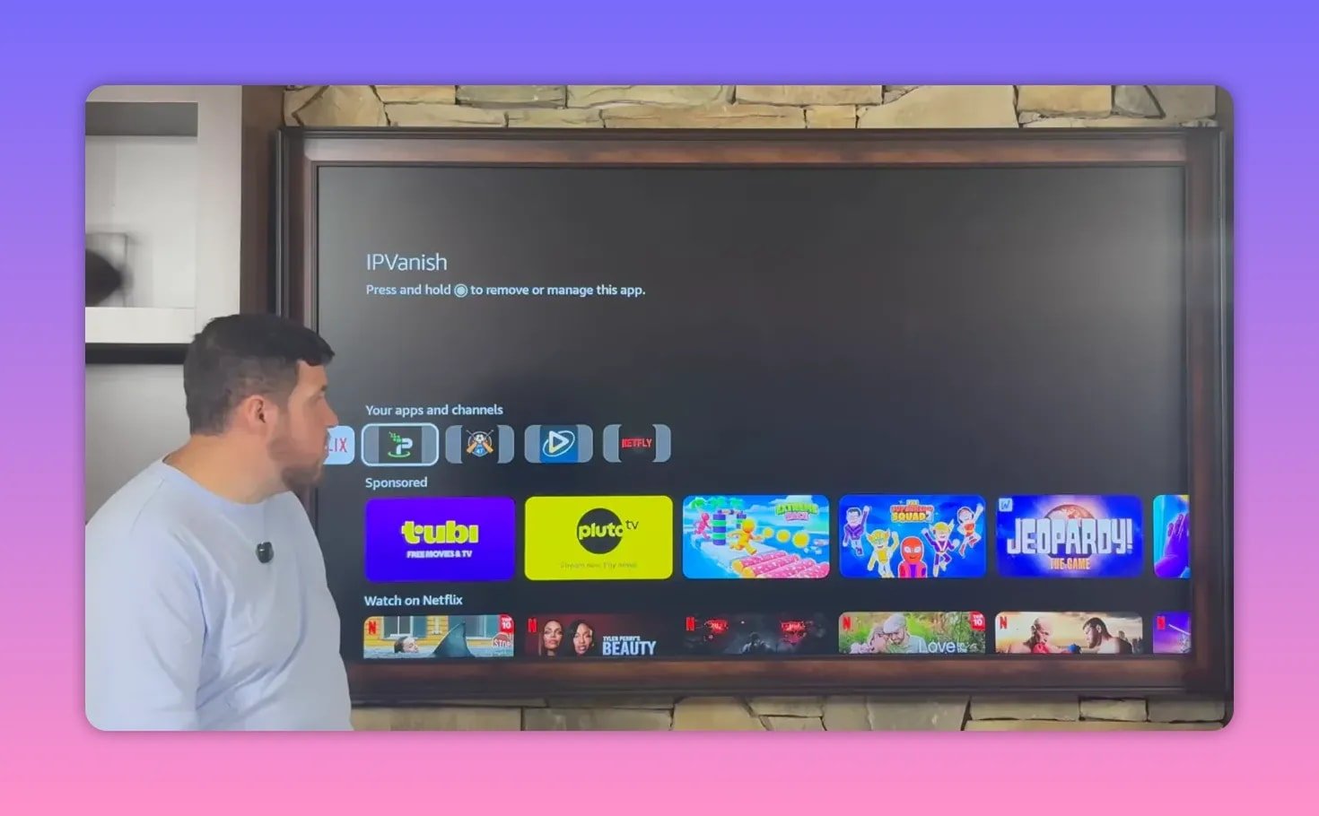 Fire TV home screen showing IPVanish positioned at the front of apps