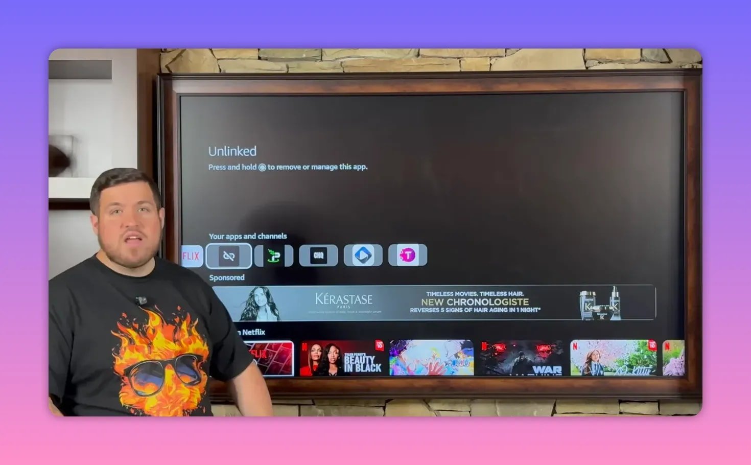 Fire TV home screen showing Unlinked app row and prompt