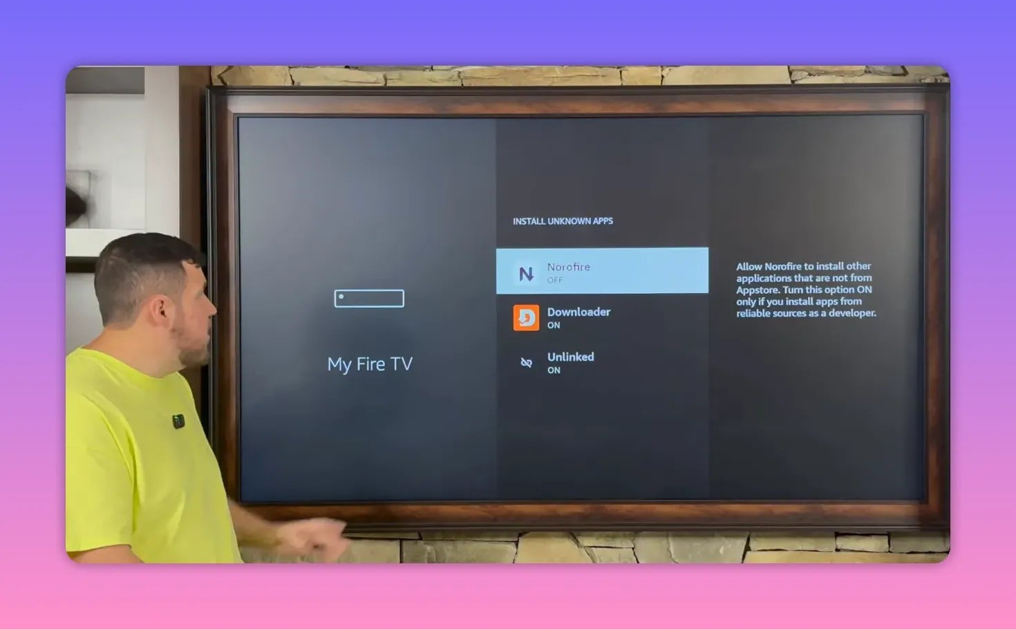 Fire TV Install Unknown Apps screen showing Noro Fire, Downloader, and Unlinked set to ON