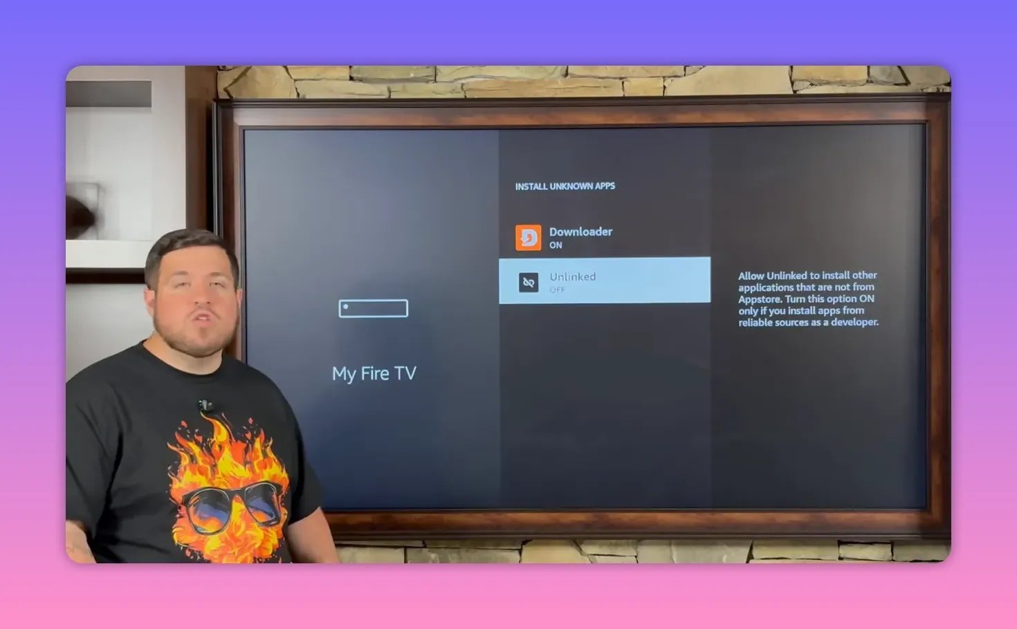 Fire TV settings screen Install Unknown Apps showing Unlinked set to ON