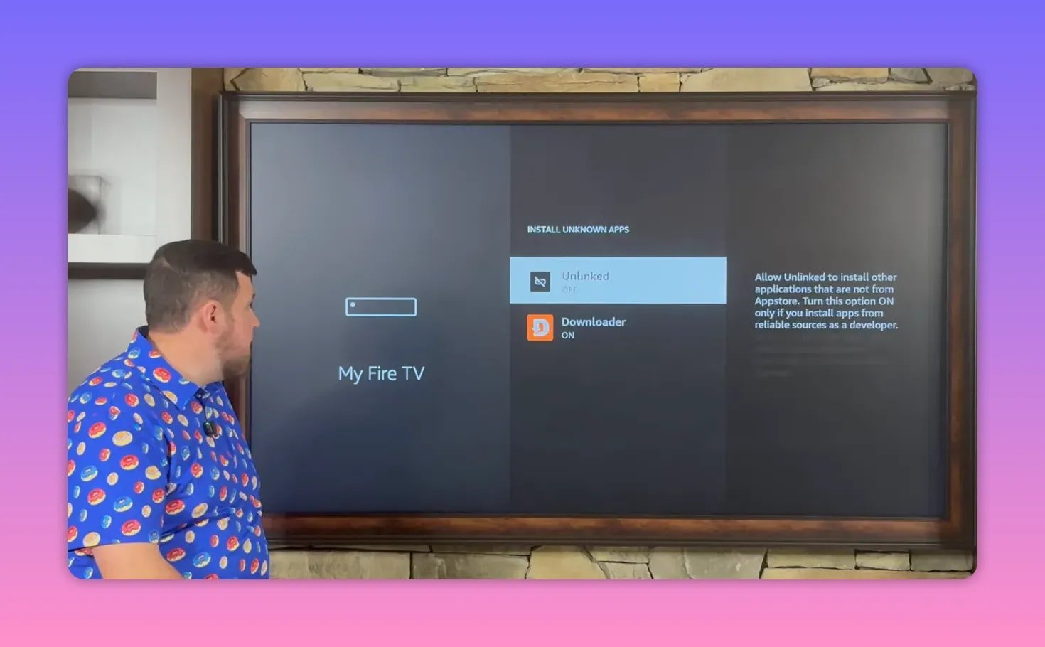 Fire TV Install Unknown Apps screen showing Unlinked and Downloader permissions