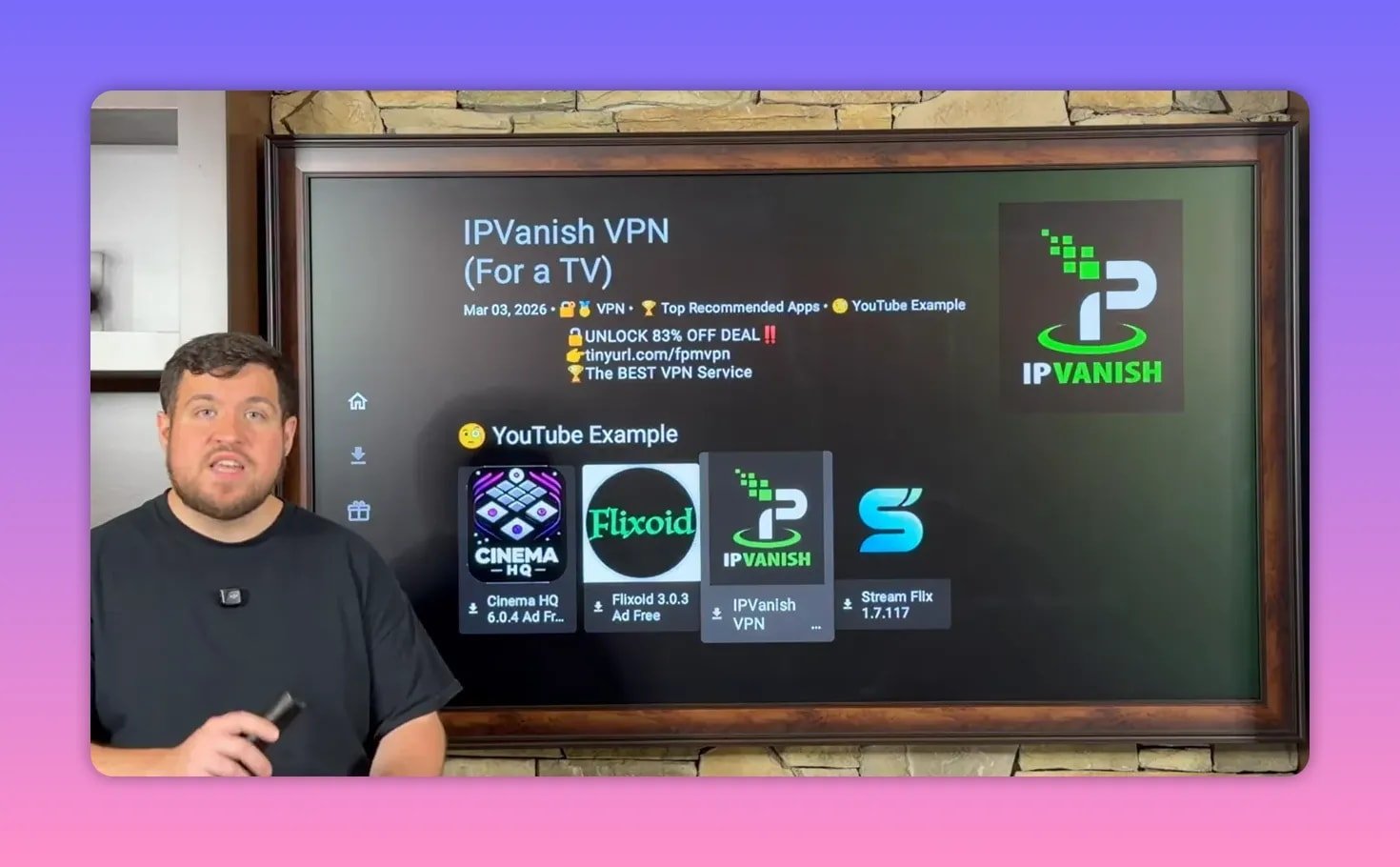IPVanish VPN on Fire TV showing recommended app tiles and VPN discount link