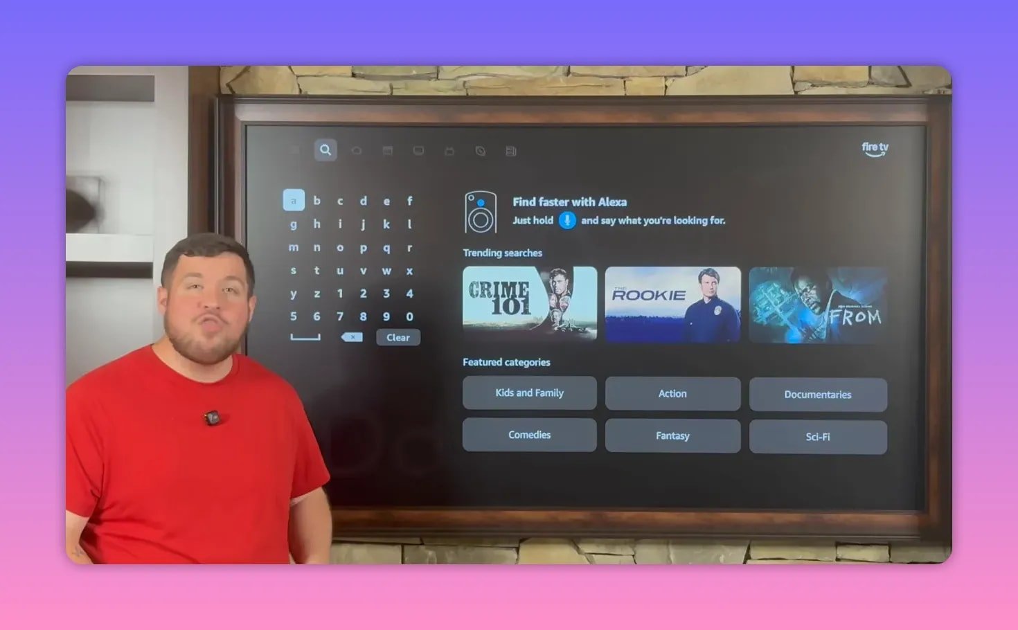 Fire TV search screen with keyboard, Alexa prompt, and suggested shows