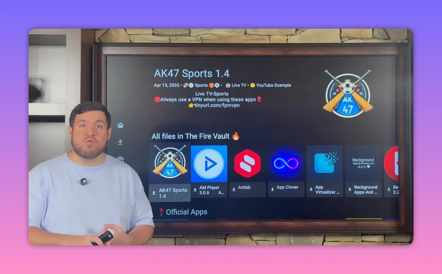 Fire Vault store library on Fire TV showing AK47 Sports 1.4 and featured app tiles