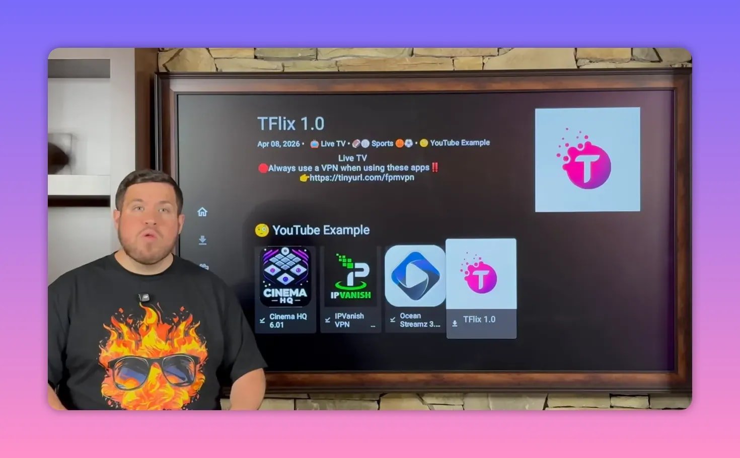 Fire Vault store on FireStick showing TFlix 1.0 tile highlighted with VPN reminder