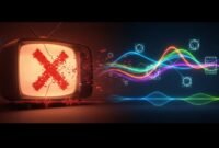 firestick-app-replacement-cinematic-tech-illustration A cinematic tech-themed illustration showing a broken streaming TV screen transitioning into working replacement streaming icons and signal waves, with no text.