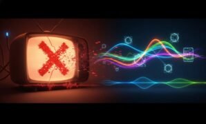 A cinematic tech-themed illustration showing a broken streaming TV screen transitioning into working replacement streaming icons and signal waves, with no text.