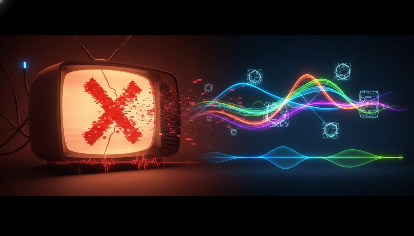 A cinematic tech-themed illustration showing a broken streaming TV screen transitioning into working replacement streaming icons and signal waves, with no text.