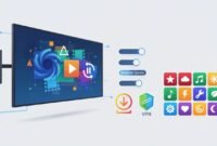 Illustration of a Fire TV stick setup with icons showing downloading, developer options, unknown apps permission, app library, and VPN for streaming free movies and TV shows without jailbreaking.