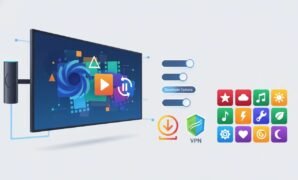 Illustration of a Fire TV stick setup with icons showing downloading, developer options, unknown apps permission, app library, and VPN for streaming free movies and TV shows without jailbreaking.