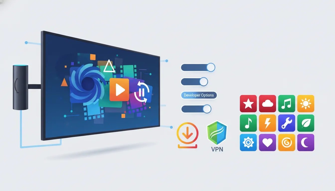 Illustration of a Fire TV stick setup with icons showing downloading, developer options, unknown apps permission, app library, and VPN for streaming free movies and TV shows without jailbreaking.