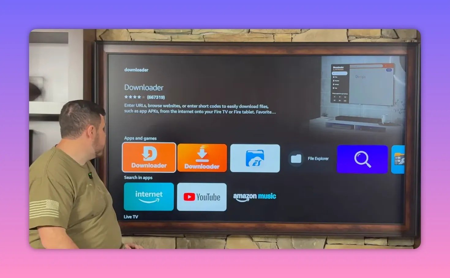 Fire TV Downloader app search results with Downloader highlighted