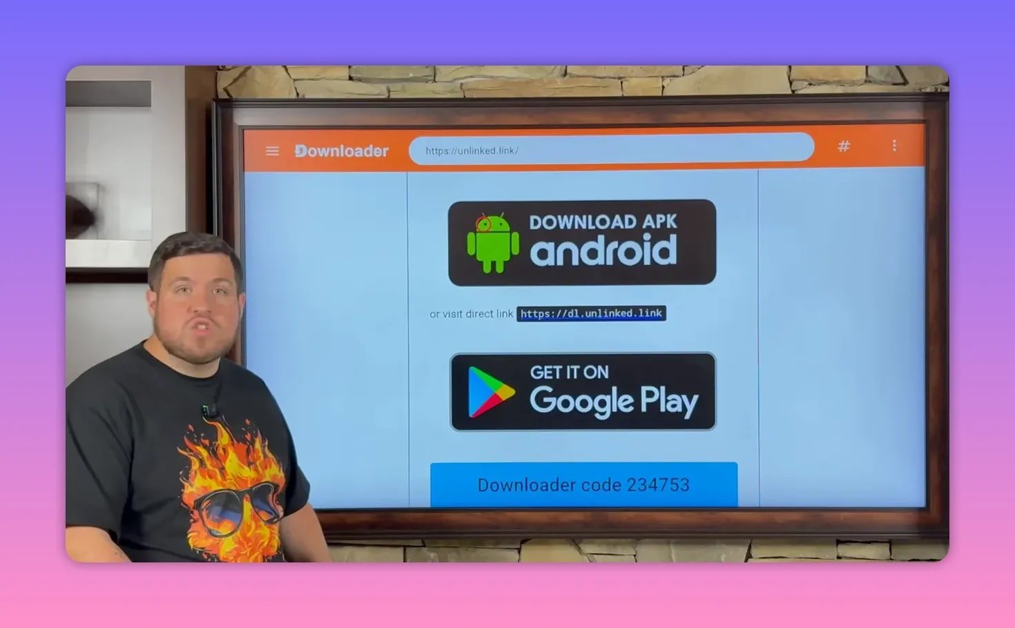 Downloader screen displaying Download APK Android, direct link, and Downloader code
