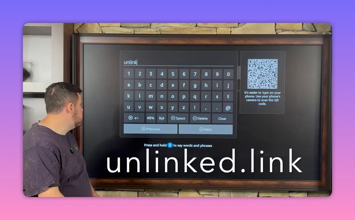 FireStick Downloader screen showing Unlinked address entry with remote keyboard and QR code