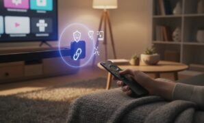 firestick-free-streaming-vpn-app-setup-no-text Fire TV Stick connected to a smart TV with a cozy living-room setup and abstract VPN and streaming icons, no text