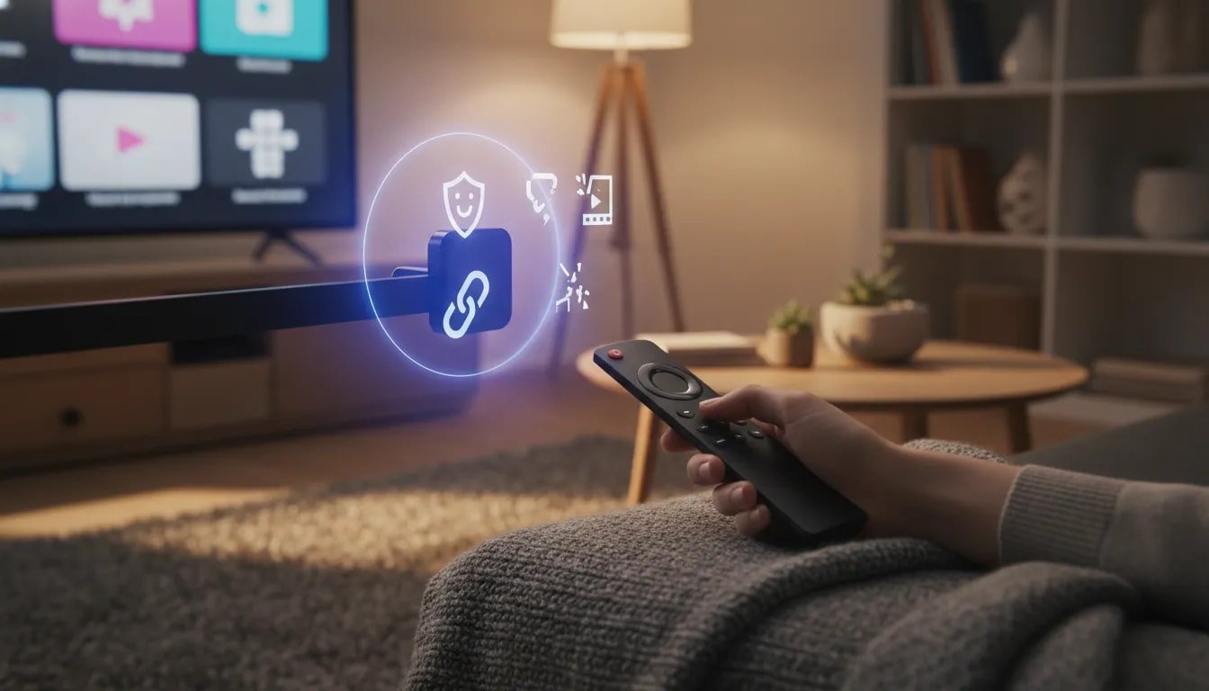 Fire TV Stick connected to a smart TV with a cozy living-room setup and abstract VPN and streaming icons, no text
