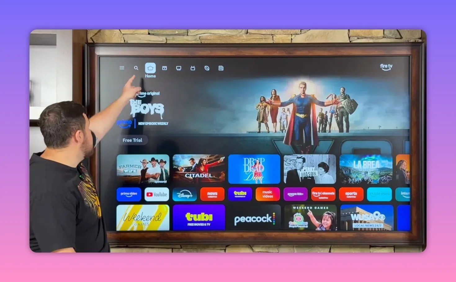 FireStick home screen with search icon highlighted for installing Downloader