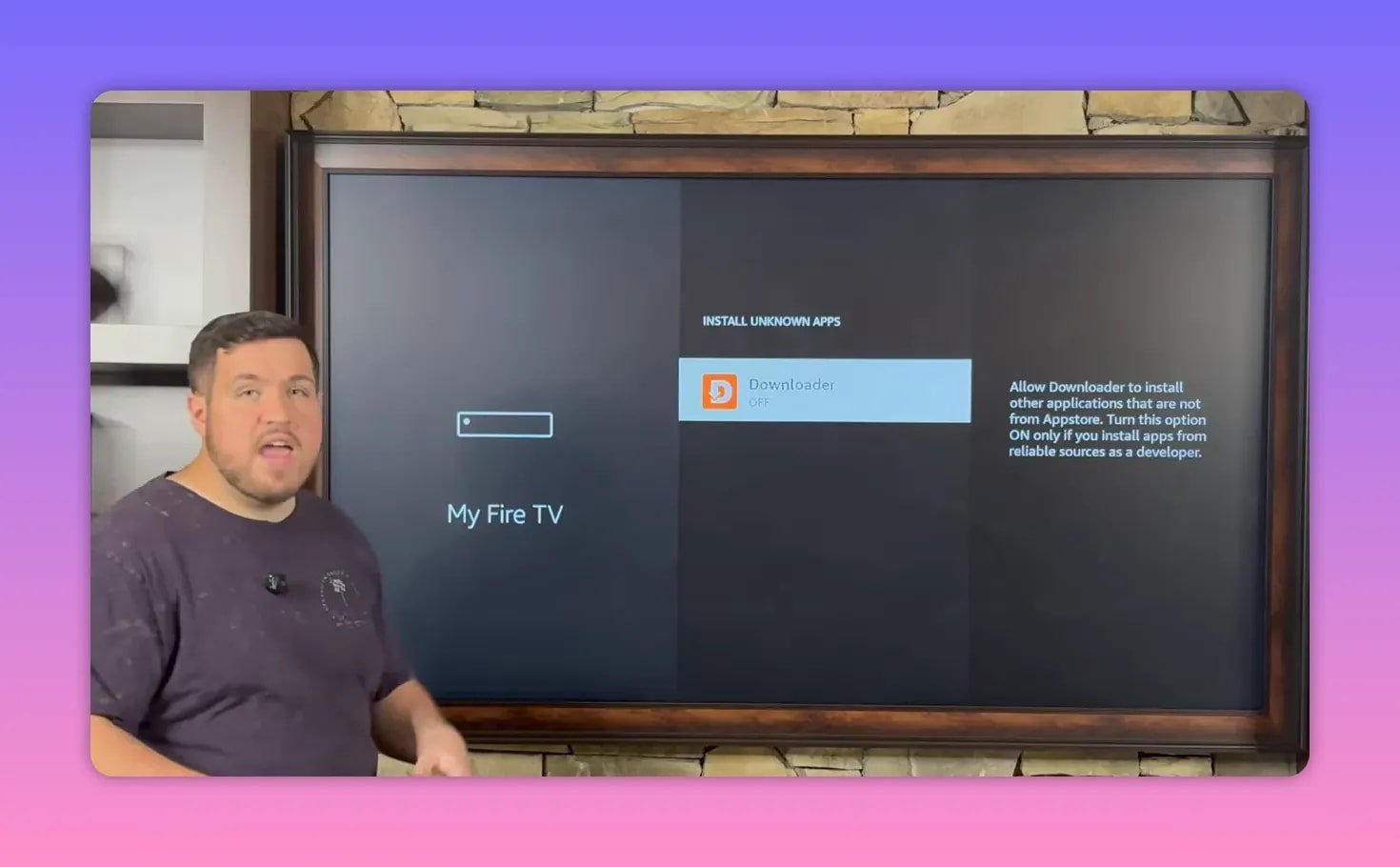 FireStick Install Unknown Apps screen for Downloader permission toggle