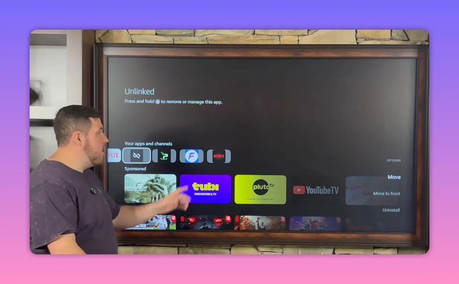 FireStick app options menu showing Move to front for Unlinked