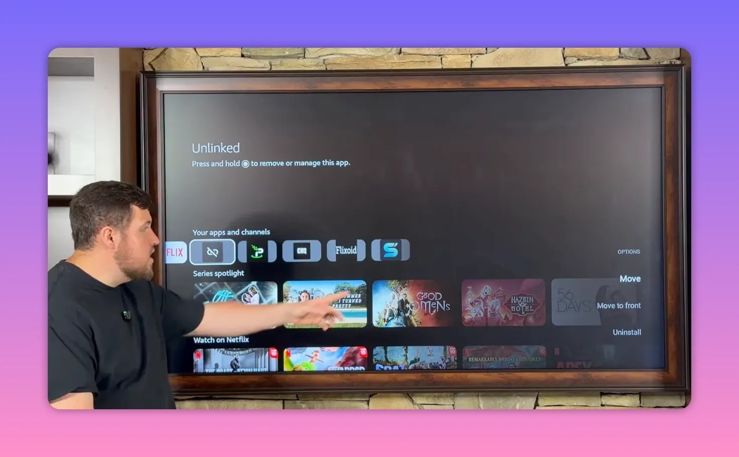 FireStick menu on Unlinked screen showing the Move to front option