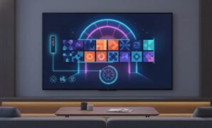 firestick-private-app-store-fire-vault-illustration Illustration of a FireStick-style private app library on a TV screen with a vault theme and installation step icons, showing how to browse and install streaming apps without any text.
