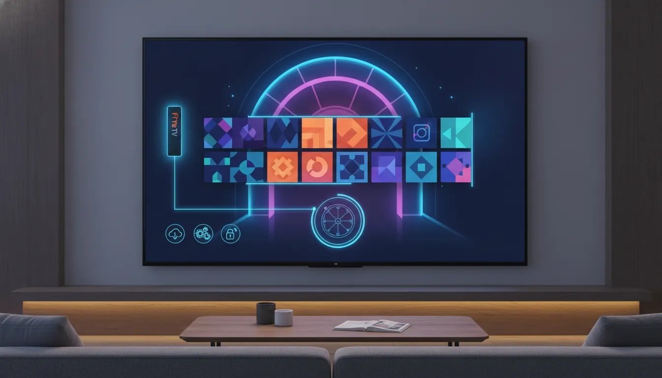 Illustration of a FireStick-style private app library on a TV screen with a vault theme and installation step icons, showing how to browse and install streaming apps without any text.