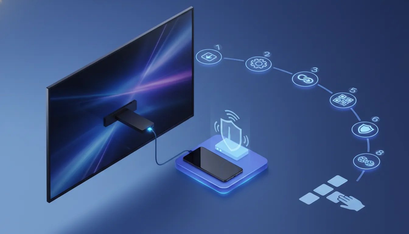 Illustration of a FireStick setup for streaming sports and live events with a VPN and step-by-step icons, no text.