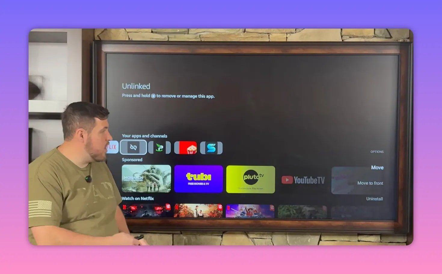 Fire TV home screen with Unlinked selected and Move to front menu open
